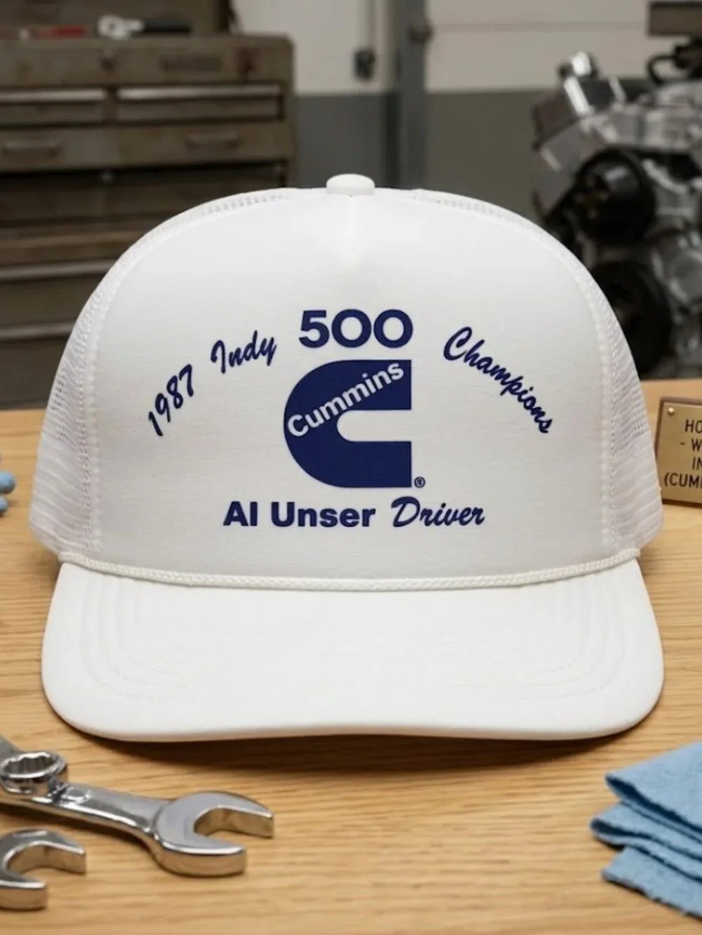 Retro 1987 Indy 500 Champions Foam Trucker Hat White Rope Snapback Cap Cummins